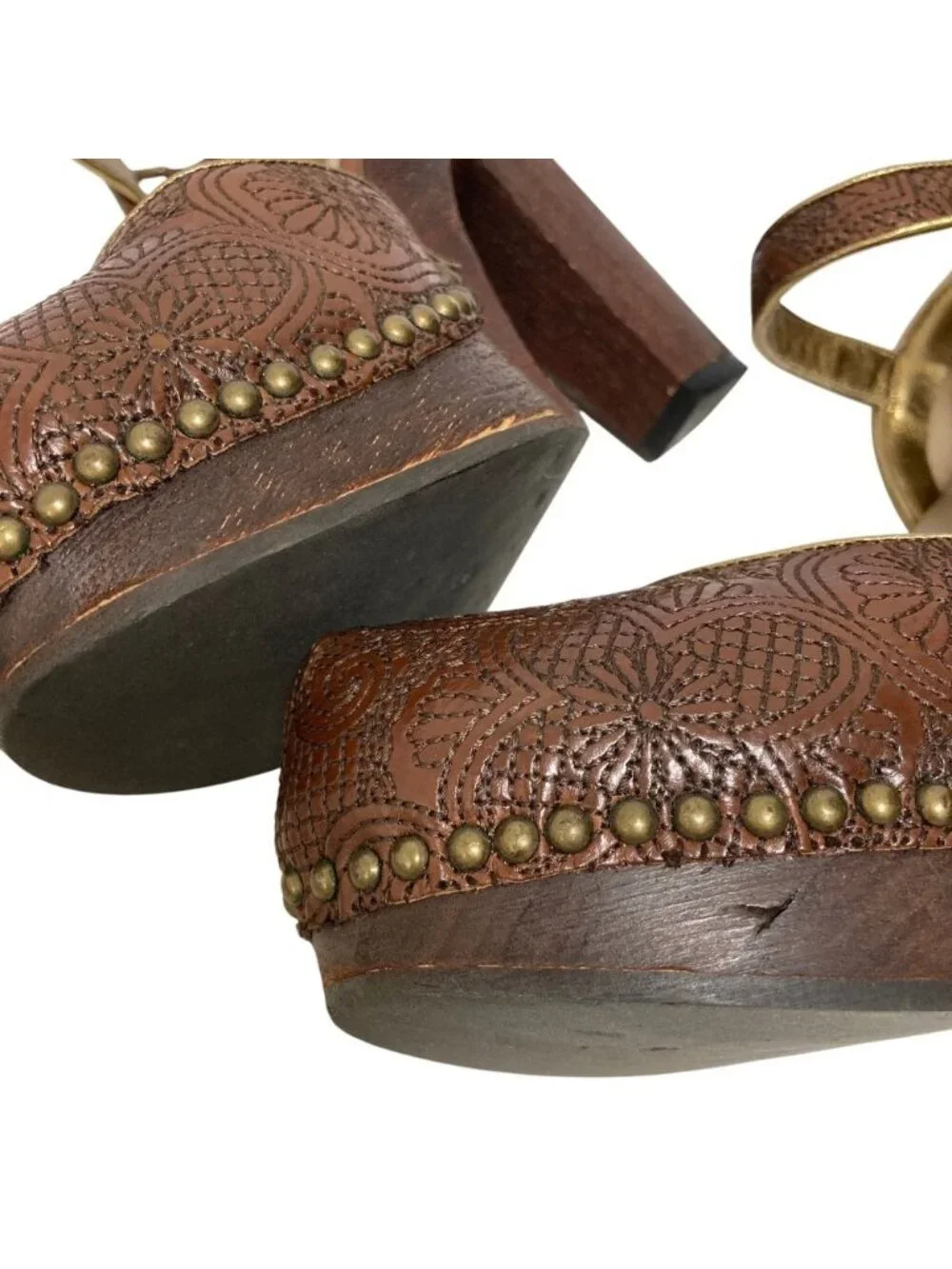 Prada Flower Embroidery Wood Sole Ankle Strap Pumps 37.5 Equivalent Brown